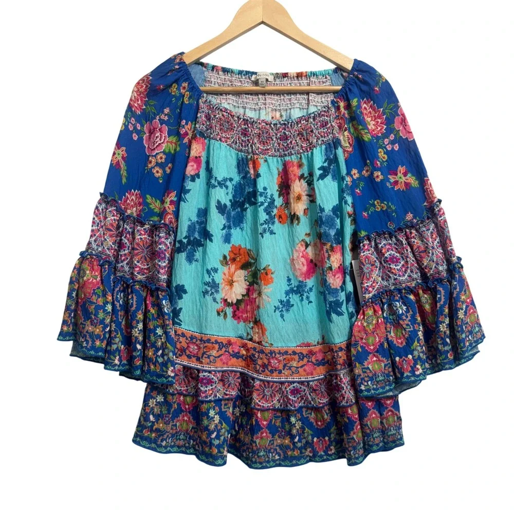 John Mark Boho Riviera On/Off Shoulder Blouse Womens M Blue Floral NEW J23442TM - Picture 2 of 9